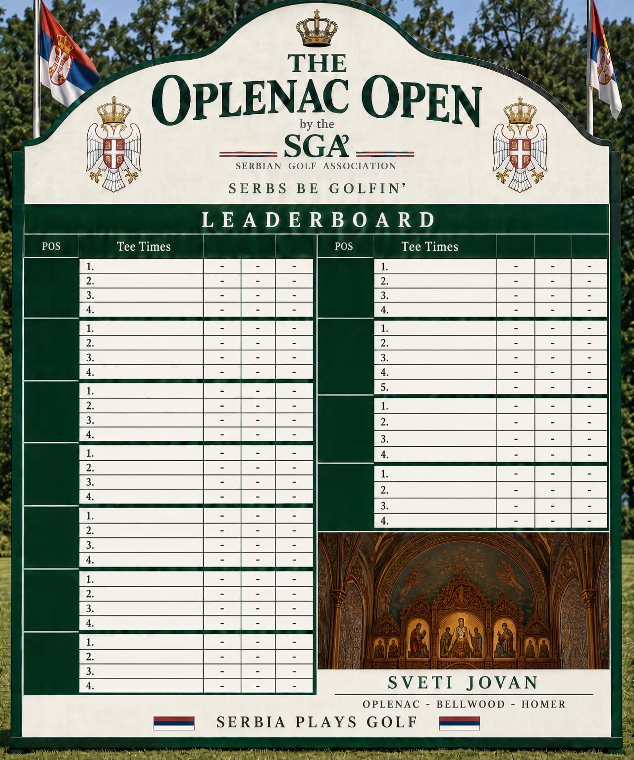 The official pairings board for the Inaugural Oplenac Open, showing all eleven groups and their tee times